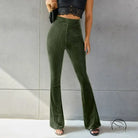 High waist pleuche sunken stripe green velvet flared pants