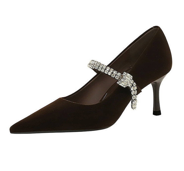 Elegant brown velvet Mary Jane high heel with rhinestone strap by Langry fashion