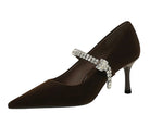Elegant brown velvet Mary Jane high heel with rhinestone strap by Langry fashion
