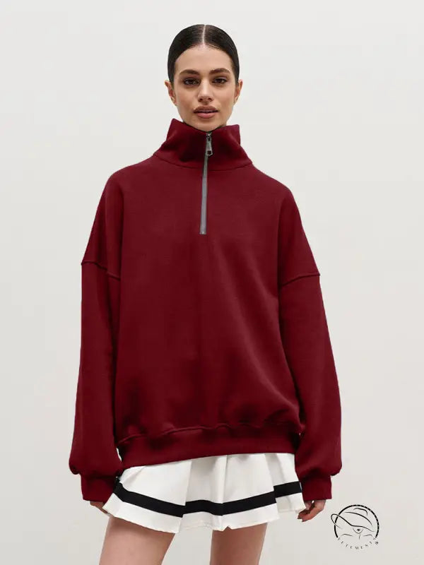 Maroon half zipper autumn winter fleece lined quarter-zip sweatshirt