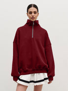 Maroon quarter-zip sweatshirt from Langry, a stylish autumn winter fleece-lined top for women