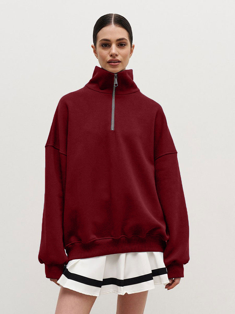 Maroon quarter-zip sweatshirt from Langry, a stylish autumn winter fleece-lined top for women