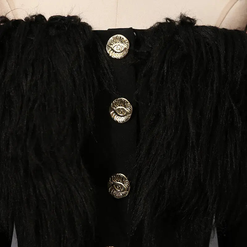 Elegant langry fashion black fur blazer with silver buttons and Chanel logo