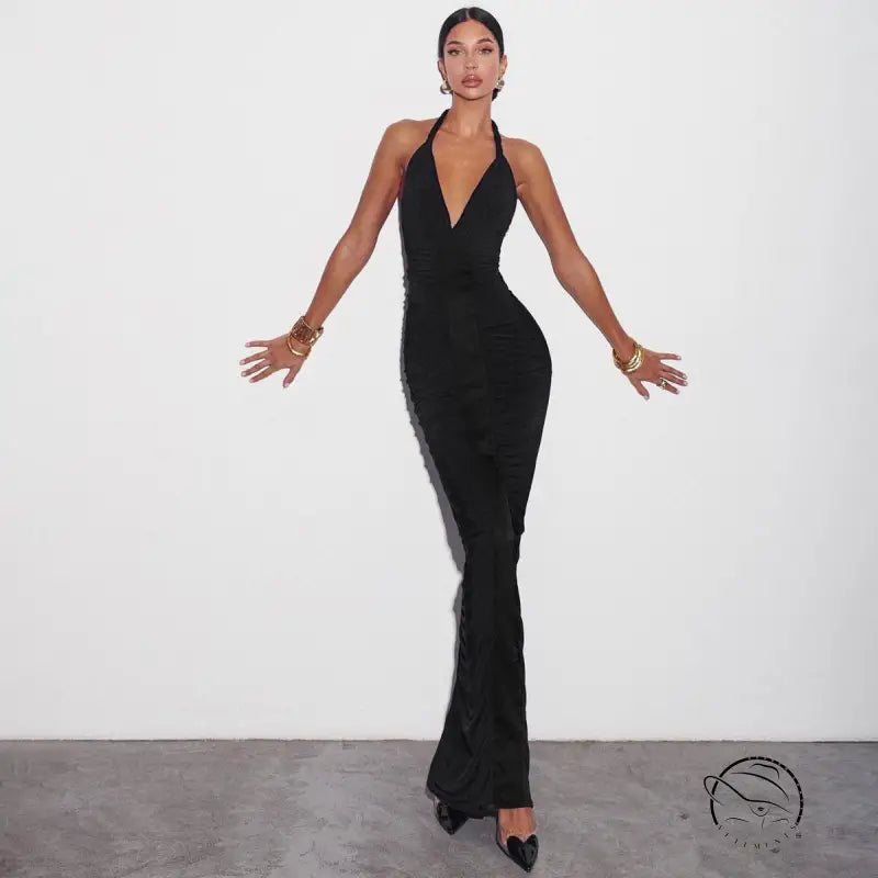 Sleek black langry halter-neck evening gown with plunging neckline
