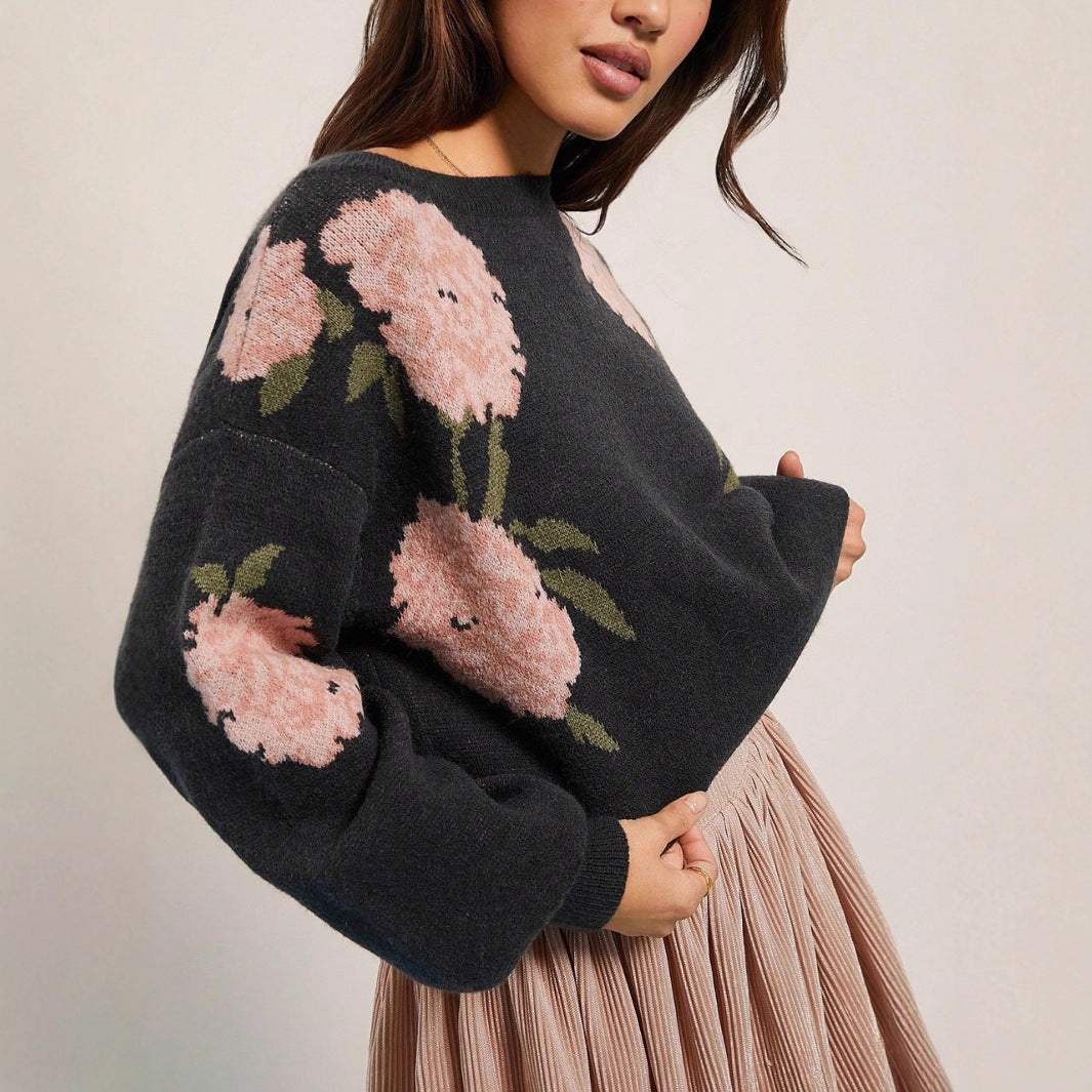 Langry floral round neck loose black knitwear with pink flowers