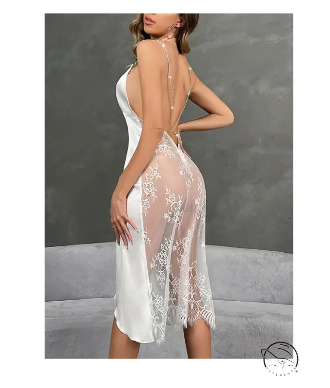 White langry satin slip dress with eyelash lace floral overlay