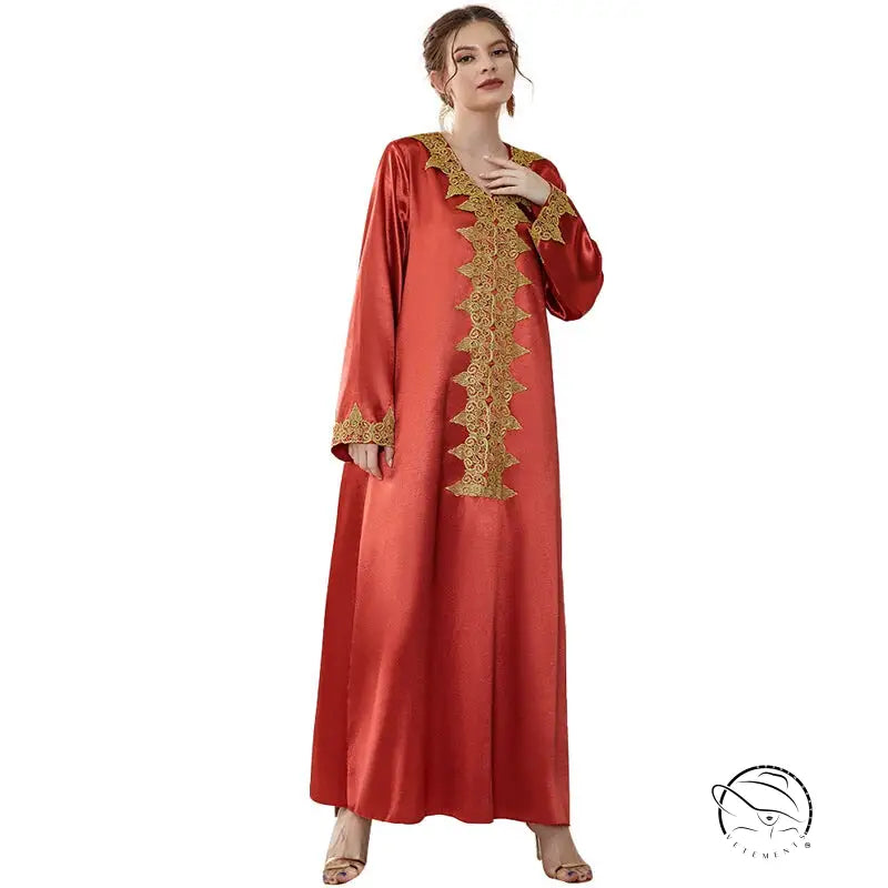 Elegant red satin abaya with gold embroidery, langry fashion ملابس