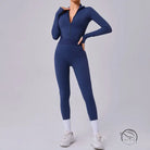 Navy blue comfy mesh stitching fitness one piece jumpsuit