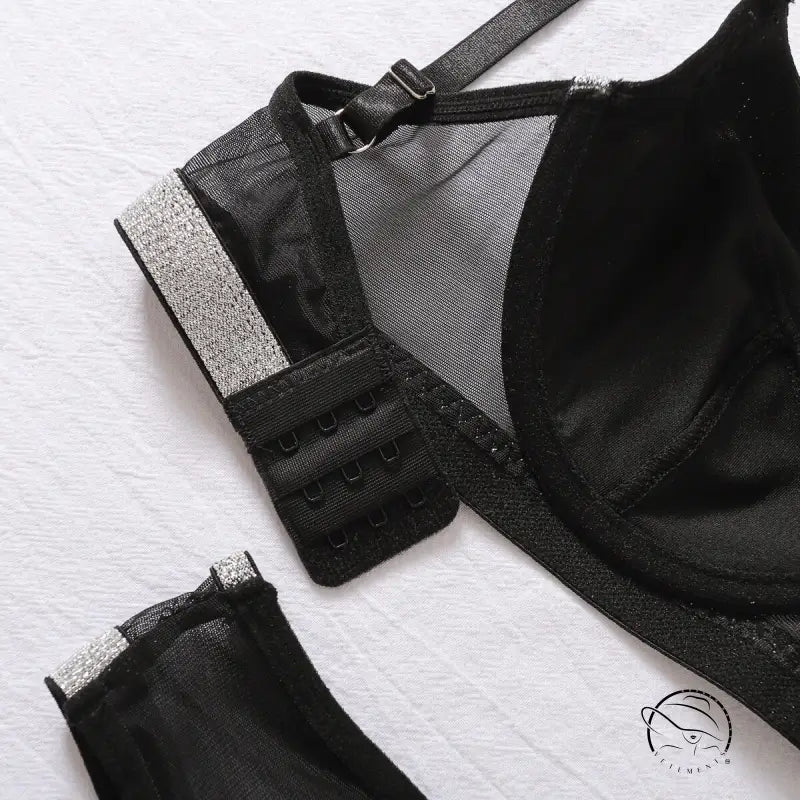 Black lace bra set with silver glitter trim and love ring buckle