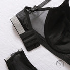 Black lace bra set with silver glitter trim and love ring buckle