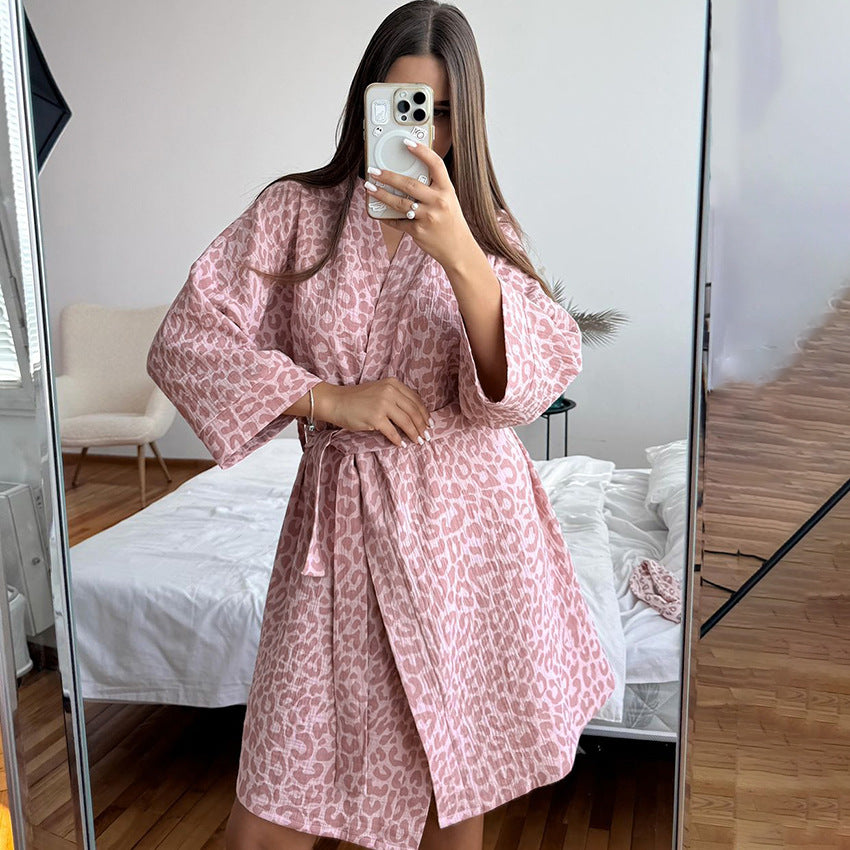 Pink leopard print short robe, perfect as a soft cardigan cotton nightgown for comfort