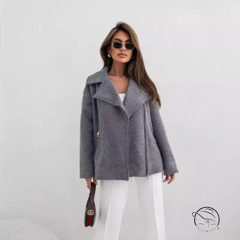 Gray textured moto jacket in langry fashion woolen coat