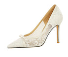 Cocktail High Heel Women Shoes Bow Sequined Lace Mesh Pointed Shallow Mouth Stiletto
