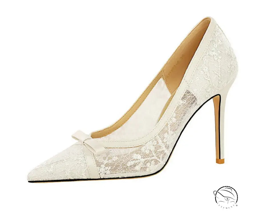 Cocktail High Heel Women Shoes Bow Sequined Lace Mesh Pointed Shallow Mouth Stiletto