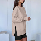 Beige langry fashion oversized sweatshirt with side slits and long sleeves
