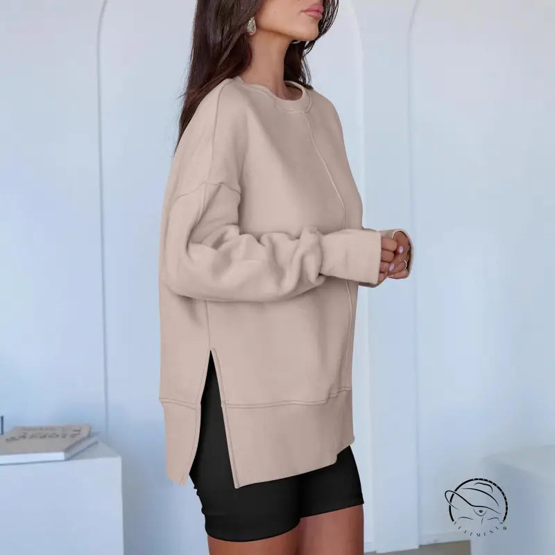 Beige langry fashion pullover with side slits and long sleeves