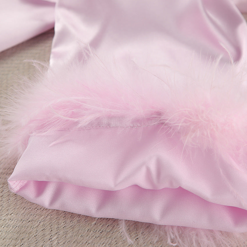 Pink satin fabric with feather trim for Pink Cardigan Lace up Feather Homewear, elegant feather homewear piece