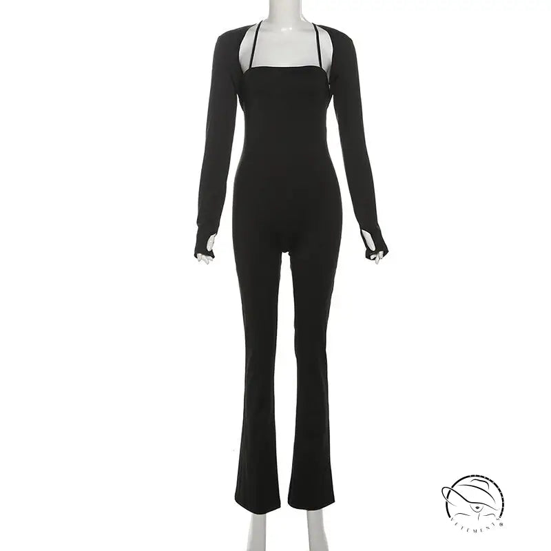Black casual tight jumpsuit two-piece set with long-sleeved shrug