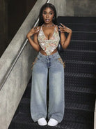 Mid Waist Lace Up Design Jeans