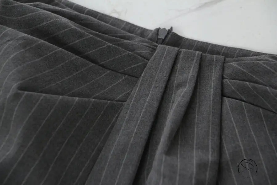 Dark grey pinstriped casual pants suit trousers with pleats and side zipper