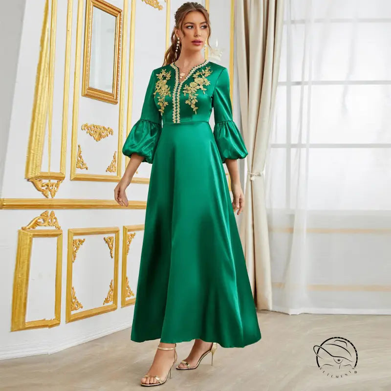 Langry fashion green satin embroidered bell sleeve dress with gold accents
