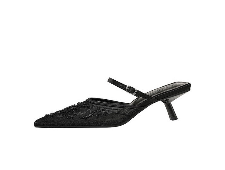 Langry black satin kitten heel sandal with beaded ankle strap