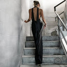 Elegant halter backless black split dress in langry fashion