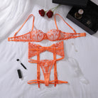 Orange lace lingerie set with floral embroidery and adjustable straps in Embroidery Push up Body Shaping Underwear Split, elegant fashion ملابس