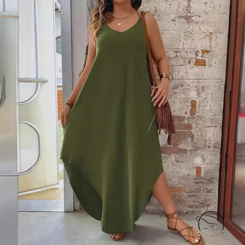 Olive green vacation casual halter spaghetti straps maxi dress