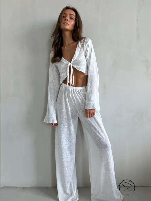 Sheer white casual loose pajamas: tie-front crop top and wide-leg pants