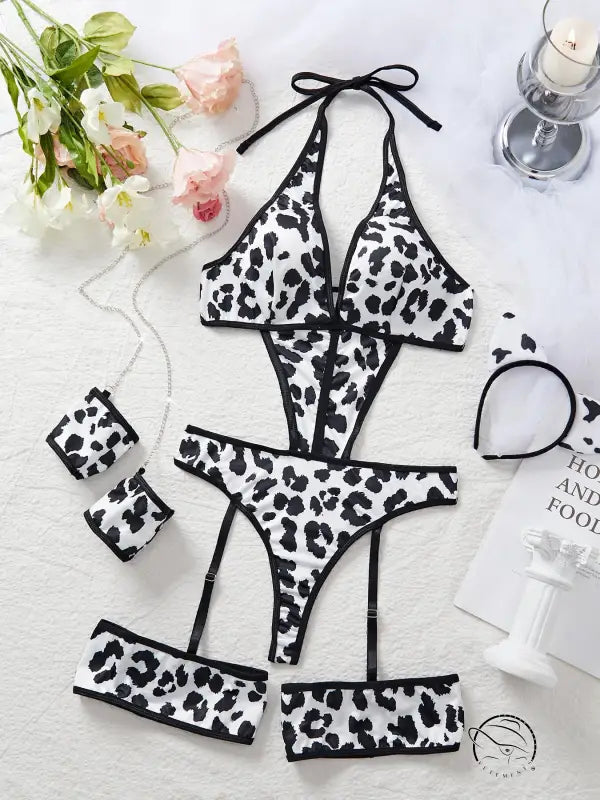 Underwear Cow Leopard Halloween Character Cosplay Clothes Hollow out Cutout Backless Halter Set
