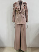Elegant beige floral embroidered langry fashion suit with wide-leg pants and jacket