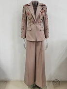 Elegant beige floral jacket coat with wide-leg pants set