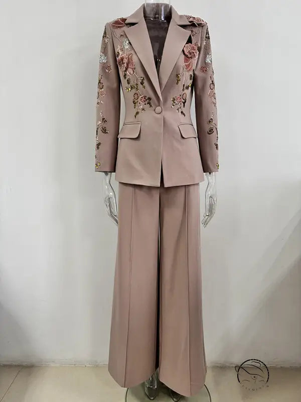 Elegant beige floral jacket coat with wide-leg pants set