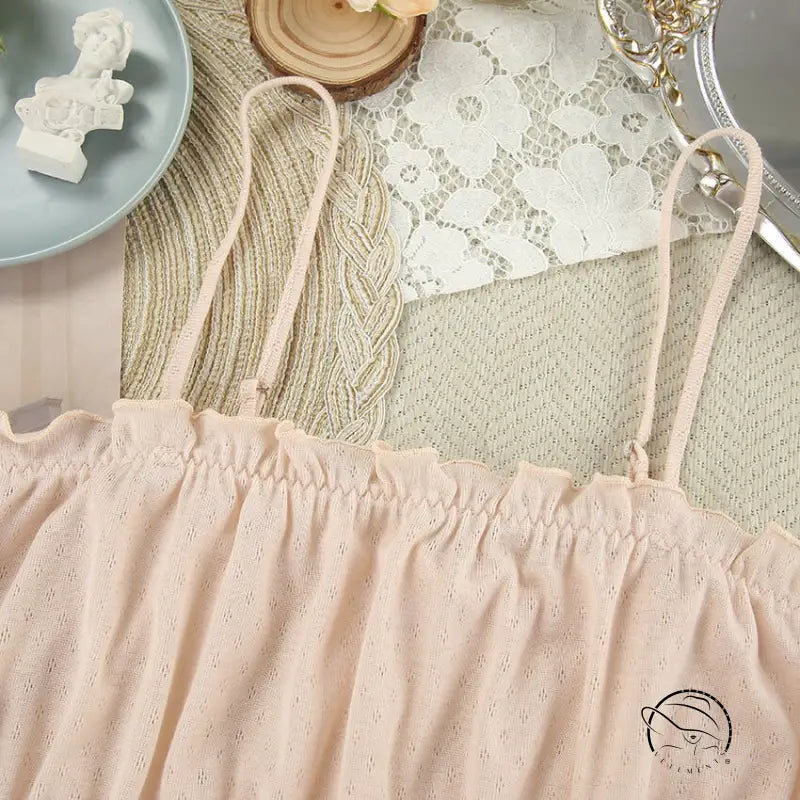 Delicate blush pink off-shoulder langry fashion top in mesh for homewear set