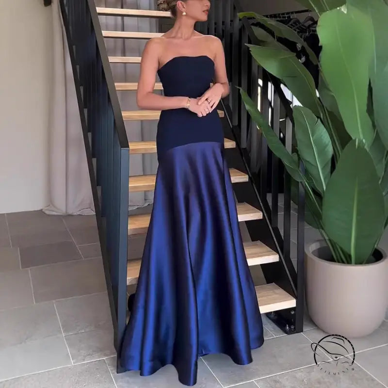 Elegant strapless navy satin dress in Langry fashion