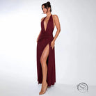 Burgundy halter maxi dress in elegant langry fashion ملابس