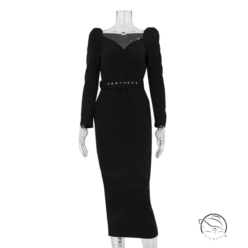 Elegant black langry fashion dress with sweetheart neckline and belt