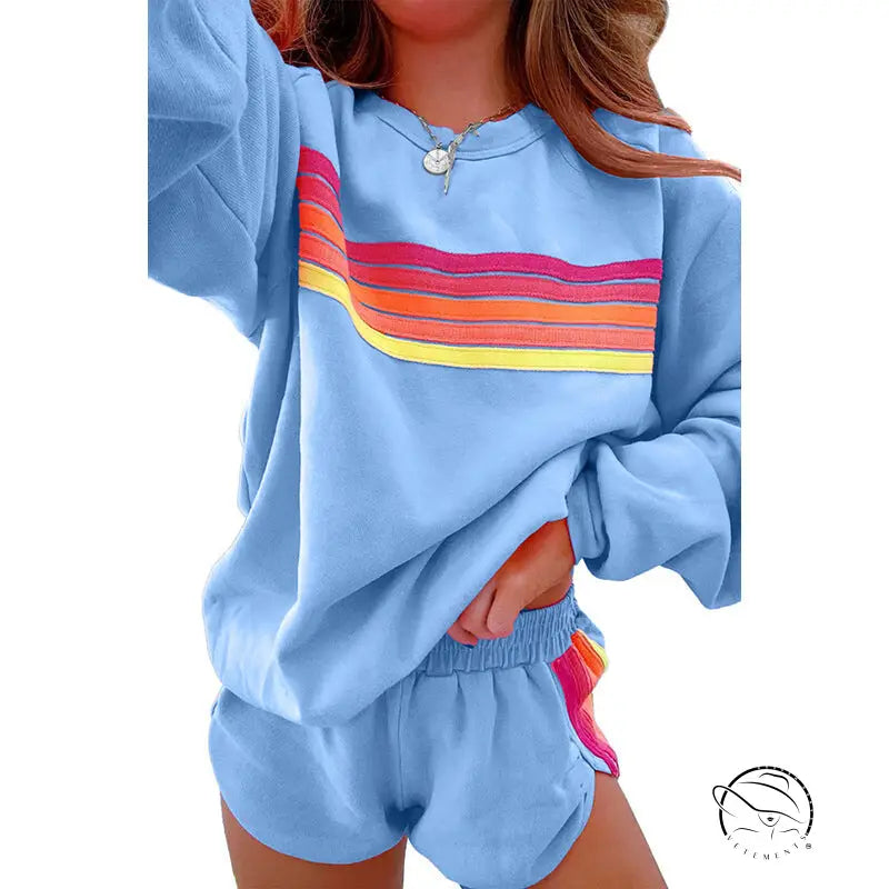 Light blue loose slim fit casual two piece sweatsuit with rainbow stripes