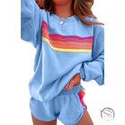 Light blue loose slim fit casual two piece sweatsuit with rainbow stripes