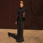 Beautiful high collar black maxi dress with ruched detailing and long sleeves
