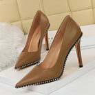 Brown leather stiletto heels with silver bead trim for stylish fashion and ملابس choices