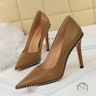 Brown leather stiletto heels with silver bead trim, Party Thinner High Heels