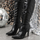 Langry fashion black leather pointed toe stiletto boots with zipper details