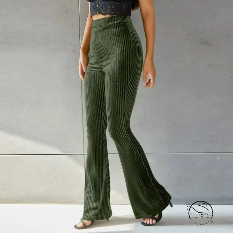 High waist pleuche sunken stripe olive green velvet bell-bottom pants