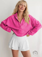 Hot pink langry fashion half-zip fleece pullover with white shorts