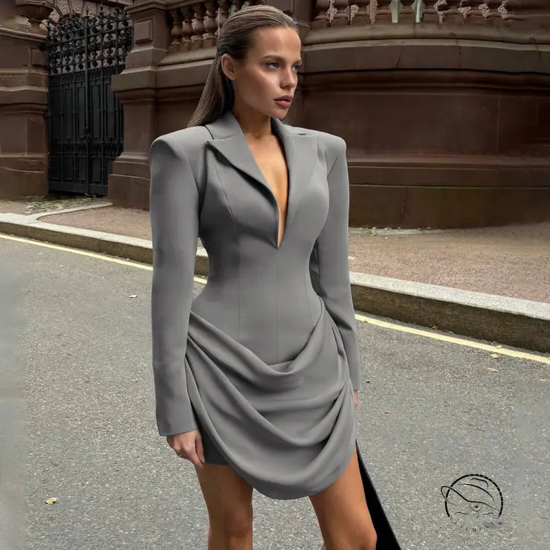 Slim deep v plunge neck gray blazer dress with ruched detailing