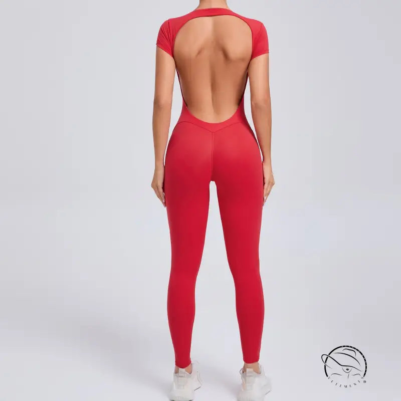 Vibrant red langry fashion yoga bodysuit with cut-out back