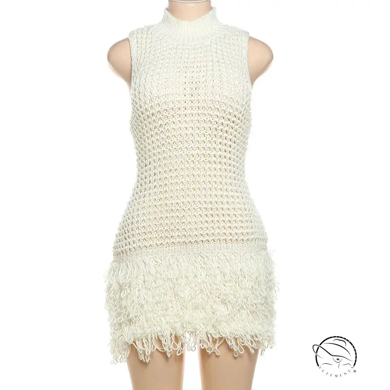 Summer Women Clothing Sleeveless Tassel Hollow out Cutout Slim Fit Elegant Stitching Dress