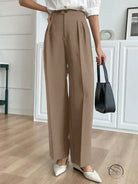Langry fashion beige wide-leg high-waist trousers with button detail